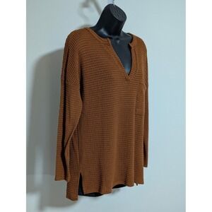 BIBI Rust Brown Waffle Knit Top V-Neck Long Sleeve Pullover Size Medium